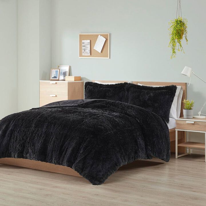 Hivvago Full/Queen Black Soft Sherpa Faux Fur 3 Piece Comforter Set with Pillow Shams