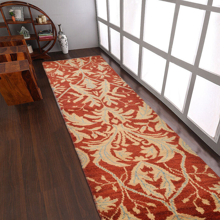 HAND KNOTTED WOOL Floral AREA RUGS  - 2'6''x10', Runner Shape, Red Gold Color, Floral Modern, Medium Pile Handmade Area Rugs for Living Room, Bed Room (N00925)