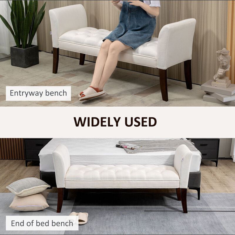 Cream White Bed Seating: Tufted Bench with Arms & Solid Wood Legs