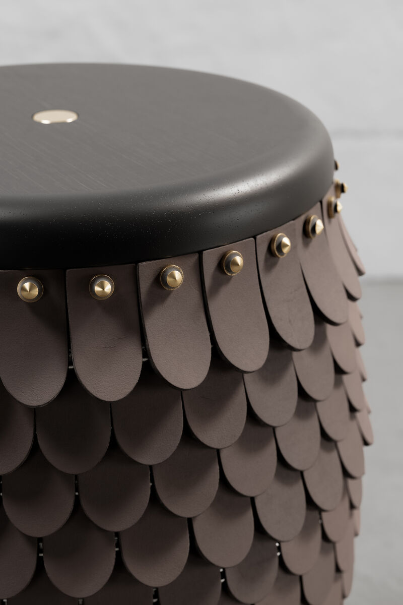 SITIERA_01 Solid Wood Stool, with Brown Thick Leather Accents, and Aged Bronze by ANDEAN, In Stock