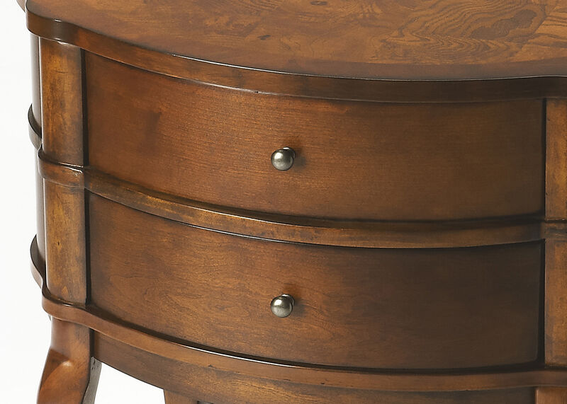 26"" Medium Brown And Umber Solid And Manufactured Wood Oval End Table With Two Drawers And Shelf
