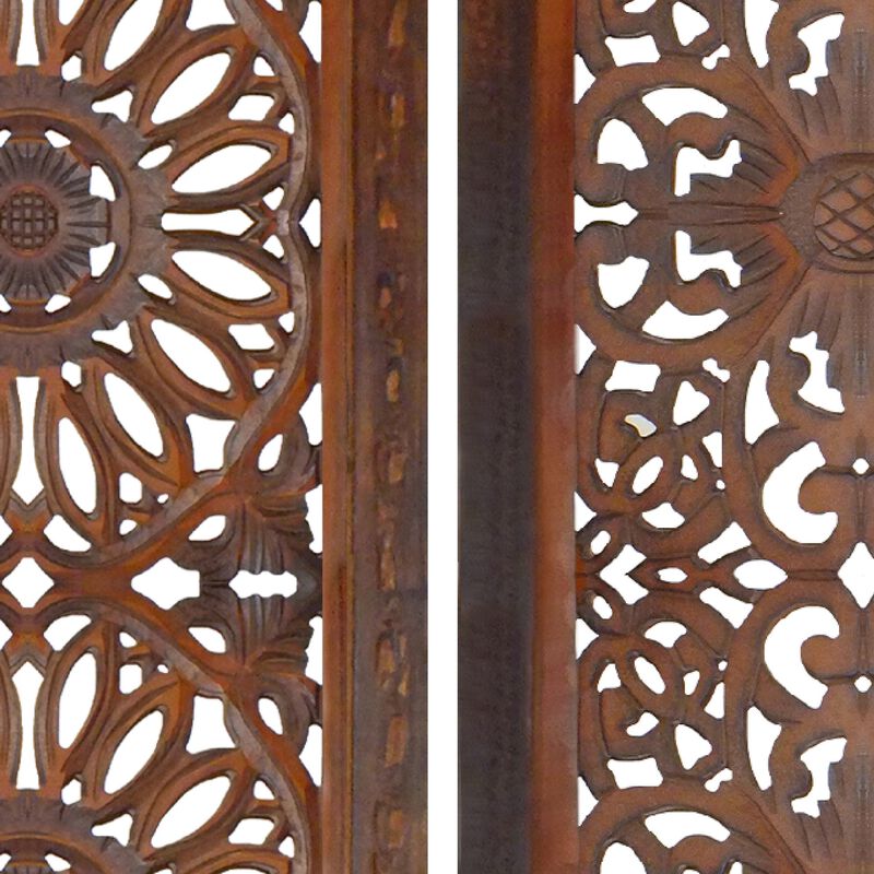 2 Piece Mango Wood Wall Panel Set with Mendallion Carving, Burnt Brown-Benzara