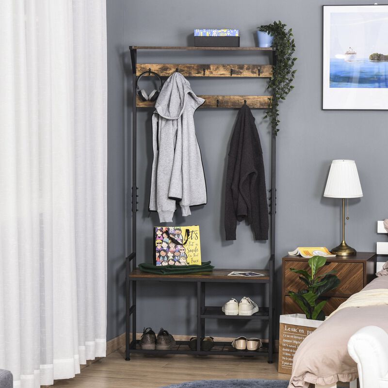 Brown/Black Organizer: Hallway Tree Bench with Hooks and Shelves