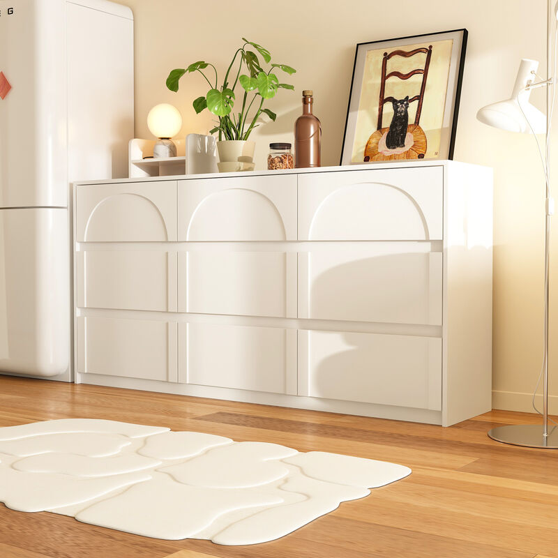 FUFU&GAGA Modern 9-Drawer Dresser with Arch Design and Storage Drawers, Wide Storage Cabinet for Bedroom, Living Room (63" W x 13.7" D x 31.5" H),White