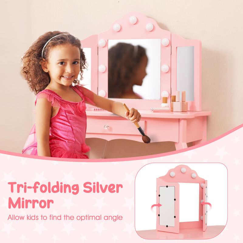 Kid Vanity Table Stool Set with Tri-Folding Mirror and 3-Color LED Lights