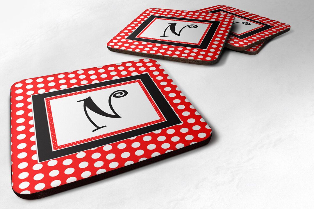 Caroline's Treasures CJ1012-NFC Monogram-Red Black Polka Dots Foam Coasters (Set of 4), Initial Letter N, 3.5 H x 3.5 W, Multicolor