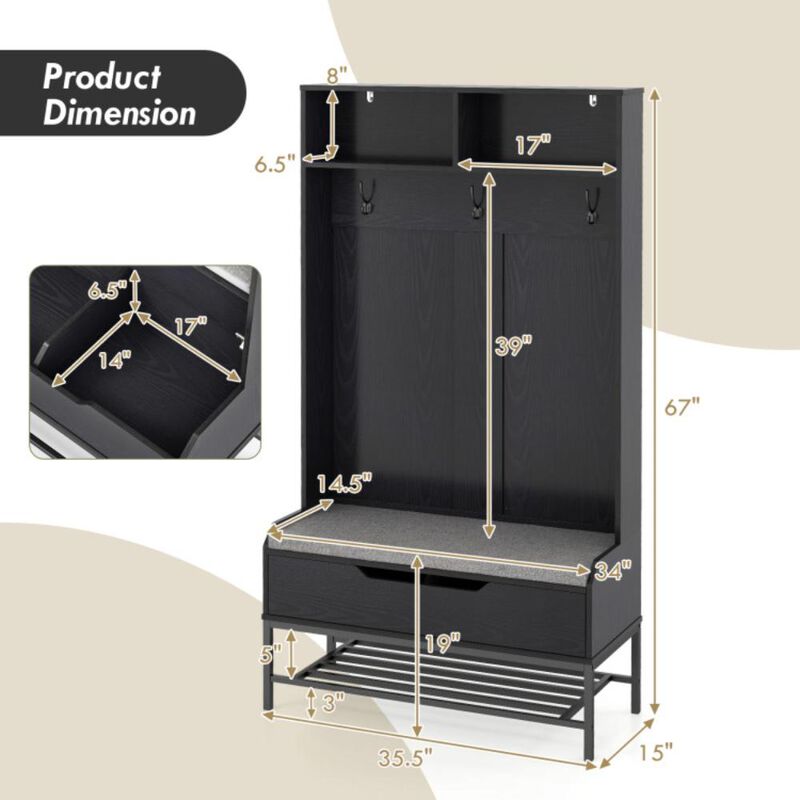 Hivvago 69 Inches Tall Hall Tree 4-in-1 Coat Rack with Seat Cushion and Shoe Storage