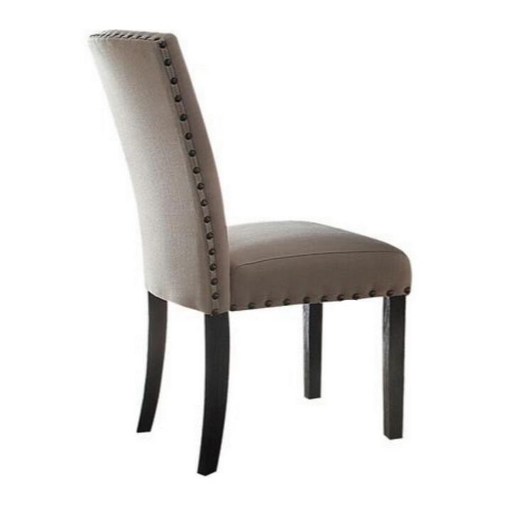 Nailhead Trim Fabric Upholstered Wooden Side Chair, Set of 2, Beige and Brown-Benzara