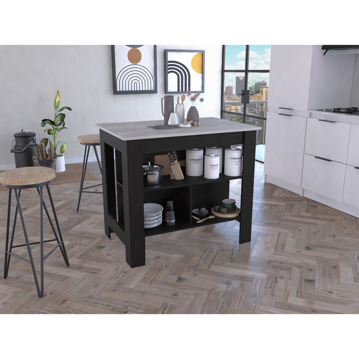 Streamdale Cala Kitchen Island, Four Legs, Three Shelves - Black Ibiza Marble
