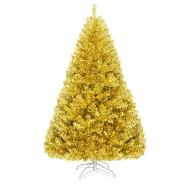 Hivvago 6/7.5 Feet Artificial Tinsel Christmas Tree Hinged with Foldable Stand