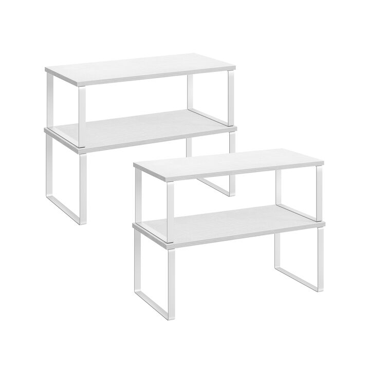 Set of 4 Stackable Cabinet Shelf Organizers - Metal and Particleboard Kitchen Counter Shelves, Expandable