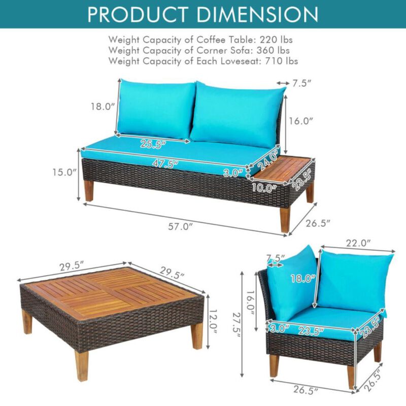 Hivvago 4 Pieces Patio Cushioned Rattan Furniture Set with Wooden Side Table-Turquoise
