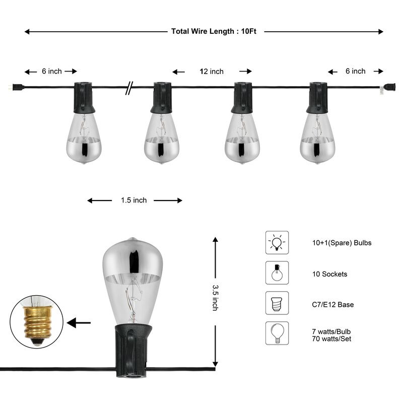 Light Indoor/Outdoor Rustic Industrial Incandescent C7 Half-Chrome Bulb String Lights