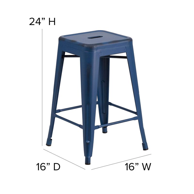 Flash Furniture Commercial Grade 24" High Backless Distressed Antique Blue Metal Indoor-Outdoor Counter Height Stool