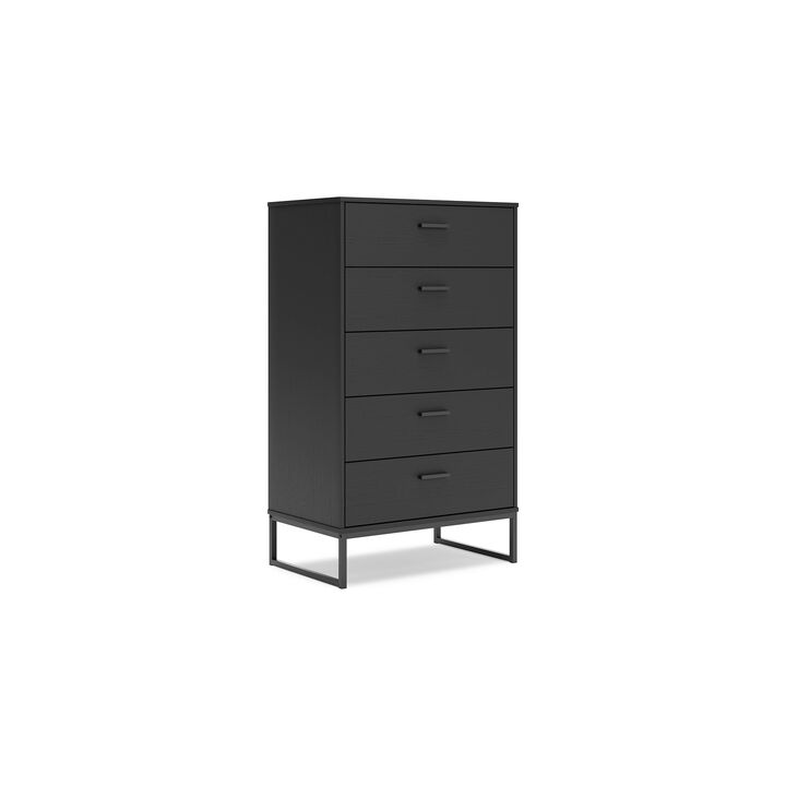 Alli Tall Dresser Chest, 5 Drawers, Matte Black, Metal Base, 51 Inch - Benzara