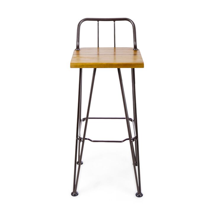 Rih Barstool Low Back Chair Set of 2, Black Metal, Brown Acacia Wood - Benzara
