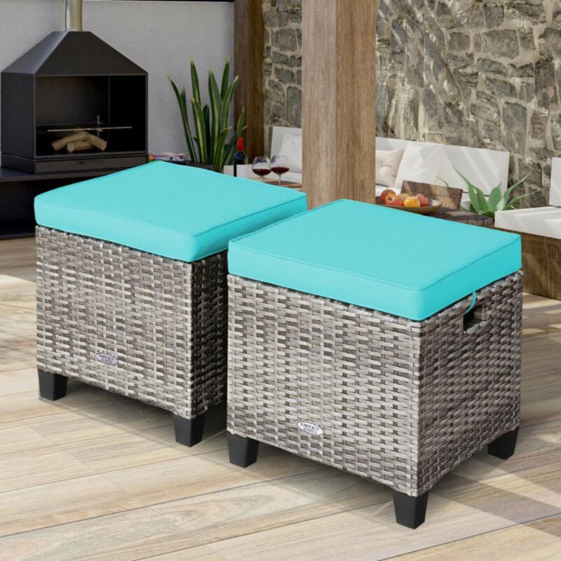 Hivvago 2PCS Patio Rattan Wicker Ottoman Seat with Removable Cushions-Turquoise