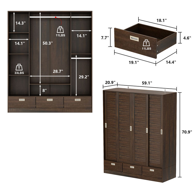 Dark Brown Wood 59.1 in. W 4-Door Big Wardwore Armoires With 4 Sliding Doors, Hanging Rods, Drawers, Storage Shelves