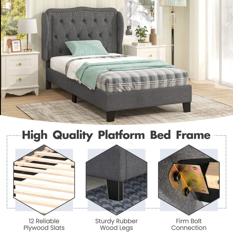 Bed Frame with Button Tufted Wingback Headboard and Storage Space