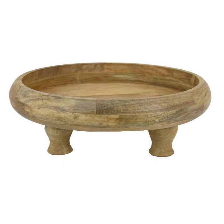 Remi 17 Inch Wood Decorative Bowl, Footed Pedestal Brown Solid Wood - Benzara