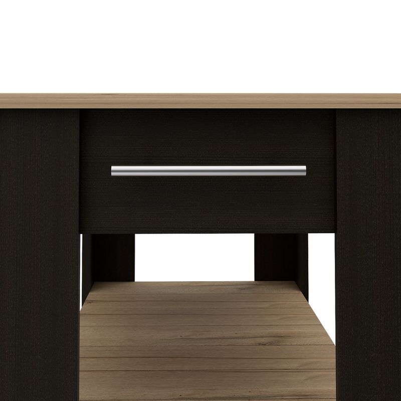 DEPOT E-SHOP Kitchen Island 37" H, Two Open Storage Shelves, One Drawer, Four Legs,Towel Hanger, Black / Light Oak