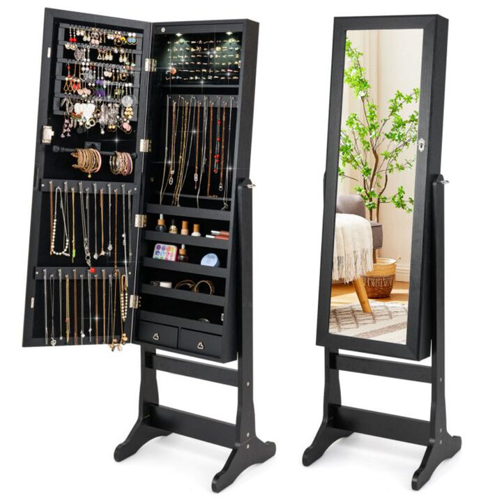 Lockable Freestanding Jewelry Cabinet Armoire with Mirror and LED Lights