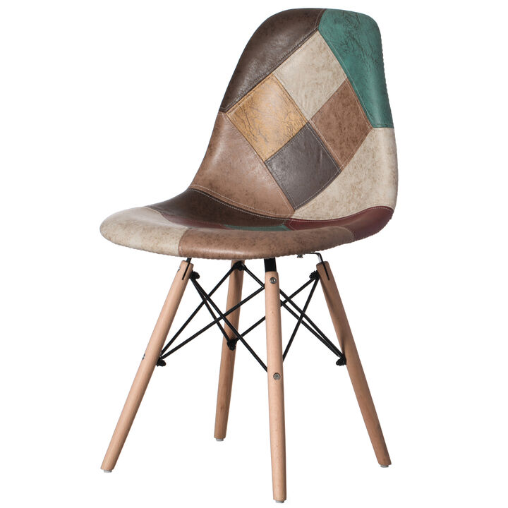 Modern Fabric Patchwork Chair with Leather and Suede Like Tones with Wooden Legs for Kitchen, Dining Room, Entryway, Living Room, Single