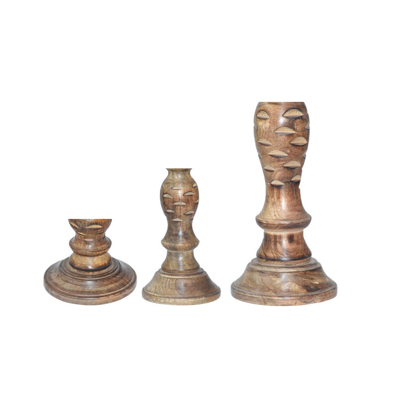 Traditional Medium Burnt Eco-friendly Handmade Mango Wood Set Of Three 6",9" & 12" Pillar Candle Holder