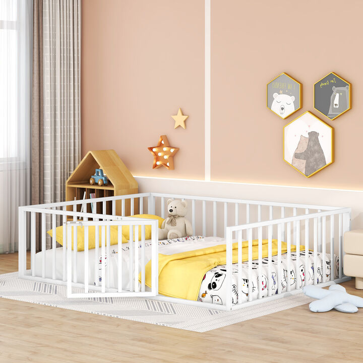Streamdale Queen Size Metal Floor Bed Frame With Fence And Door, White