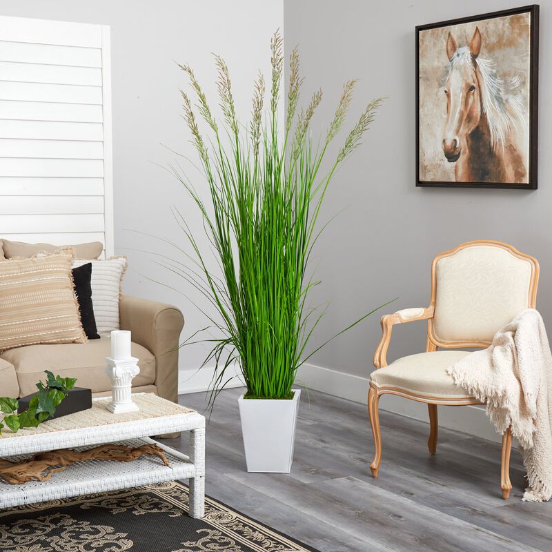 Hivvago 75" Grass Artificial Plant in White Metal Planter