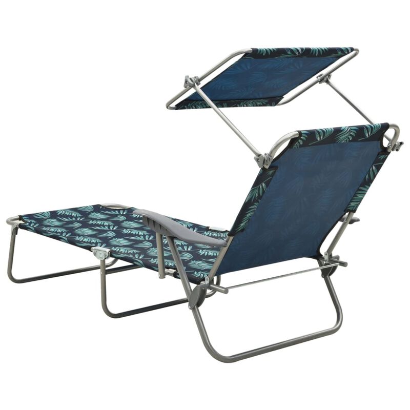 vidaXL Sun Lounger with Canopy - Adjustable, Foldable and Portable Outdoor Day Bed with Leaf Print & Powder-Coated Steel Frame - Perfect for Garden, Beach and Poolside