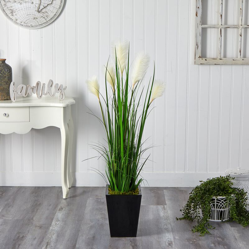 Hivvago 4.5" Wheat Plum Grass Artificial Plant in Black Metal Planter