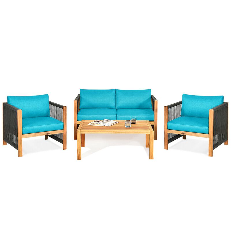 4 Pieces Acacia Wood Sofa Set with Cushions for Outdoor Patio-Blue