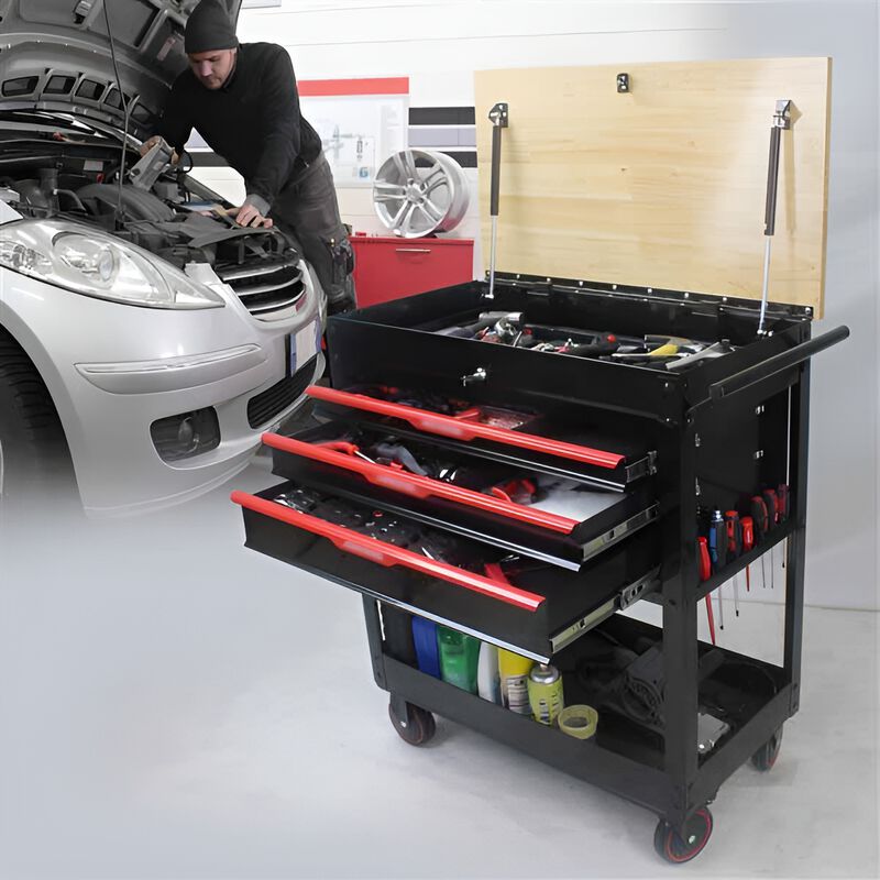 3-Drawer Rolling Tool Cart with Wooden Top for Garage or Workshop Storage