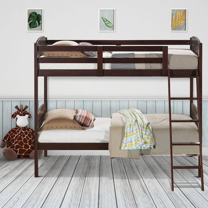 Hardwood Twin Bunk Bed Frames with Inclined Ladder and Safety Guardrails