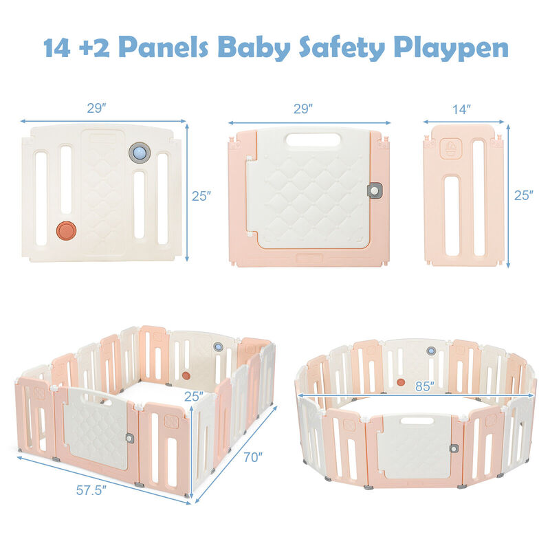 16 Panels Baby Safety Playpen with Drawing Board - Pink