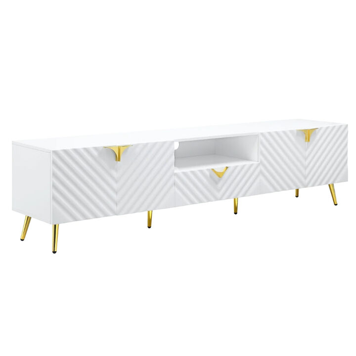 Tyra 79 Inch Modern TV Media Entertainment Center, 2 Doors, White, Gold-Benzara