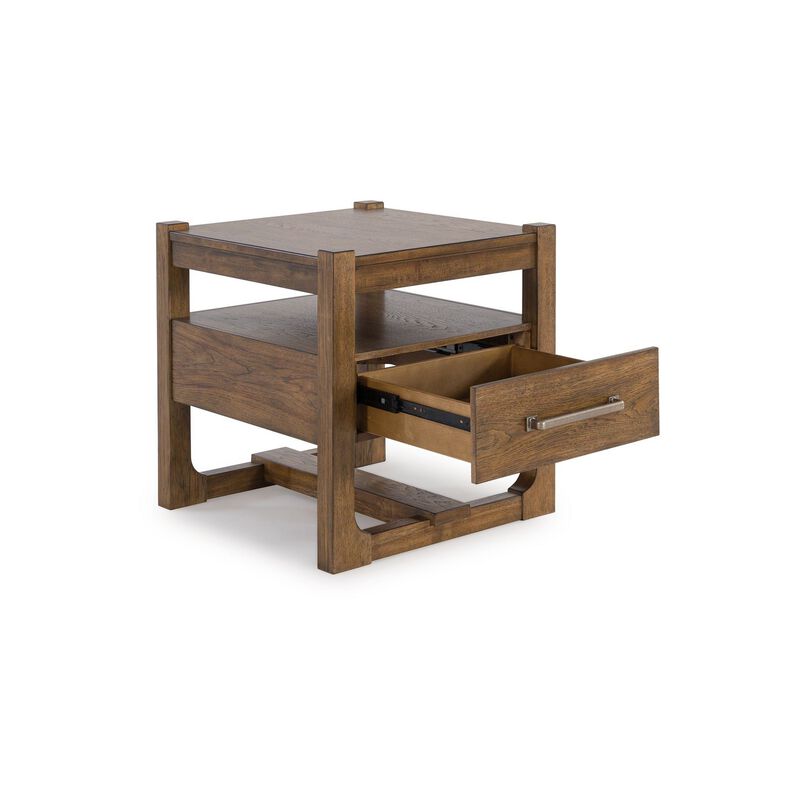 Cabal Square Side End Table, Drawer, Shelf, Light Brown Wood, 24 Inch - Benzara
