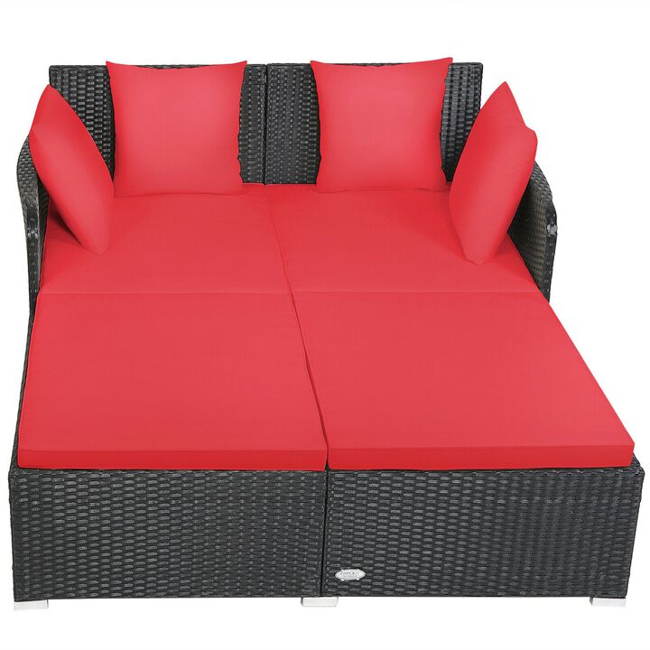 Spacious Outdoor Rattan Daybed with Upholstered Cushions and Pillows