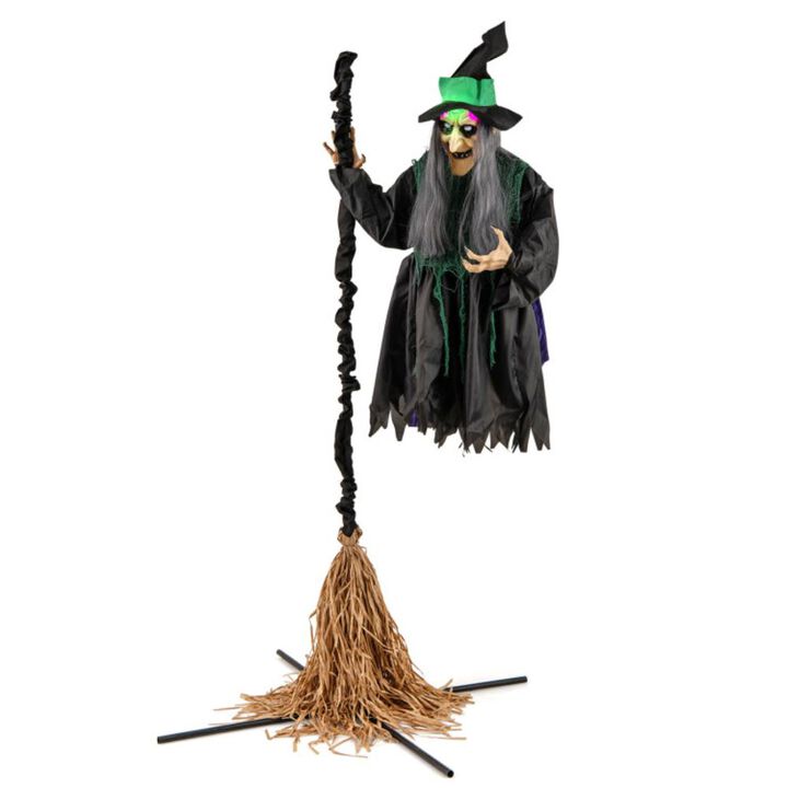 Hivvago 7 Feet Witch on Broom Halloween Animatronic with LED Lights