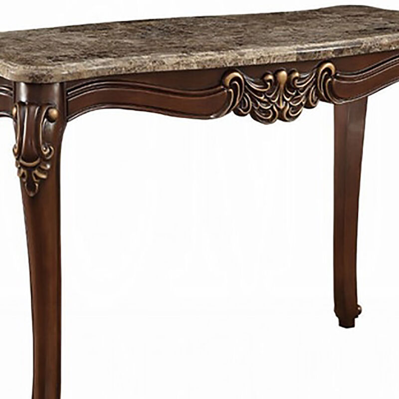 Marble Top Sofa Table With Carved Floral Motifs Wooden Feet, Brown-Benzara