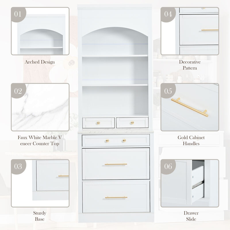 Merax Freestanding Tall Kitchen Hutch with Faux Marble Top