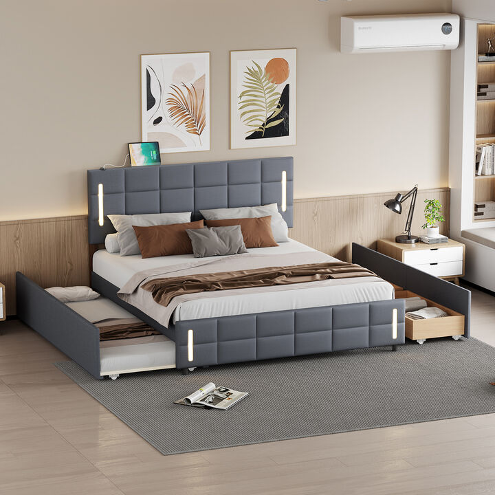 Streamdale Queen Size Upholstered Platform Bed With Trundle And Drawers, Gray