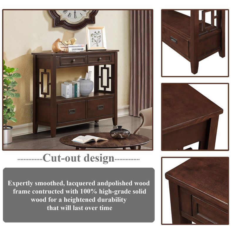 36" Farmhouse Pine Wood Console Table Entry Sofa Table With 4 Drawers & 1 Storage Shelf