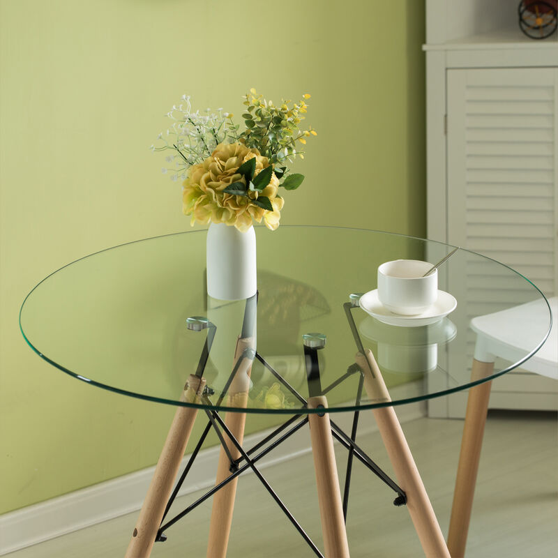 Round Clear Glass Top Accent Dining Table with 4 Beech Solid Wood Legs | Modern Space Saving Small Leisure Circle Desk 31.5" Dia x 29.25" H for Kitchen Dining Room, Living Room