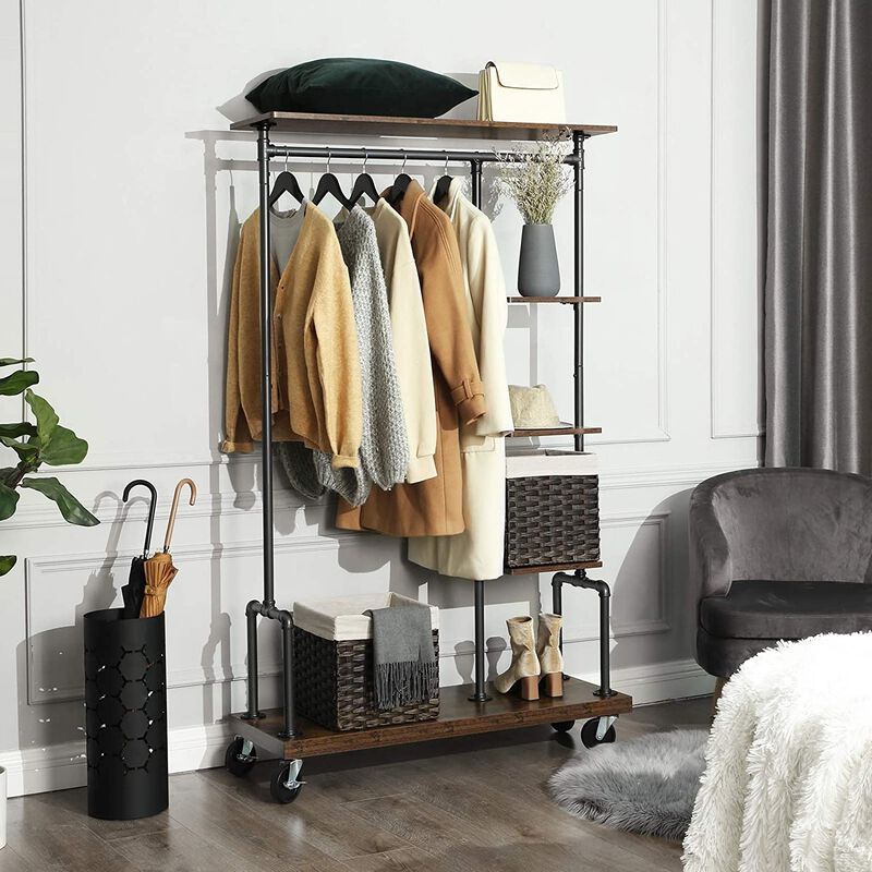 Hivvago Farmhouse 5 Tier Laundry Pipe Garment Closet Rack Wheels