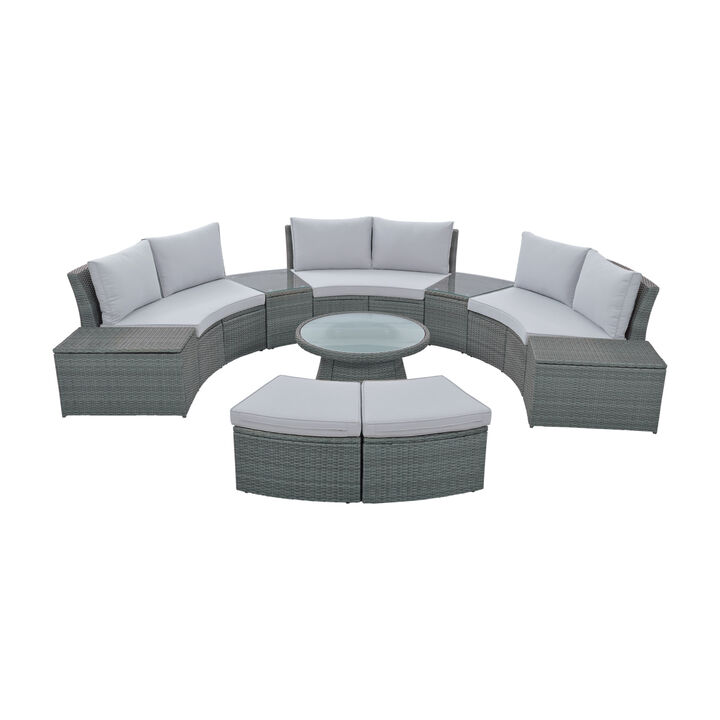 10-Piece Outdoor Sectional Half Round Patio Rattan Sofa Set, PE Wicker Conversation Furniture