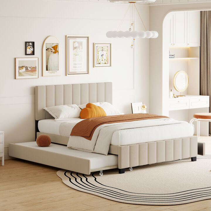 Merax Velvet Platform Bed Frame with  Drawers and Trundle