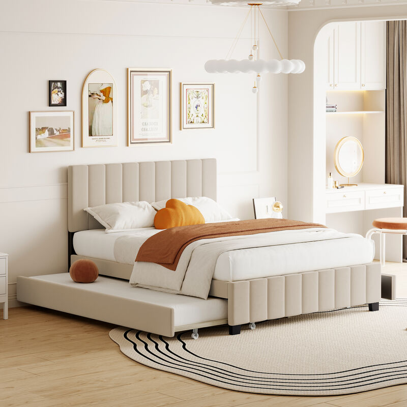 Merax Velvet Platform Bed Frame with  Drawers and Trundle