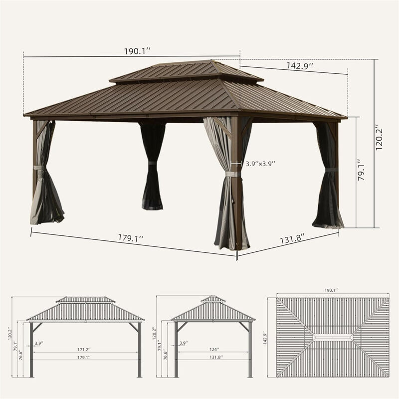 12' X 16' Hardtop Gazebo, Aluminum Metal Gazebo Withnized Steel Double Roof Canopy